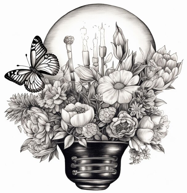 jest rysunek żarówki z kwiatami i generatywną sztuczną inteligencją motyla