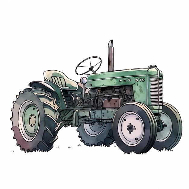 Jest rysunek zielonego traktora z generatywnym układem kierowniczym