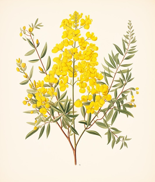 Jest rysunek żółtego kwiatu z zielonymi liśćmi.