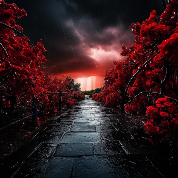 Jest ścieżka, na której są czerwone kwiaty.