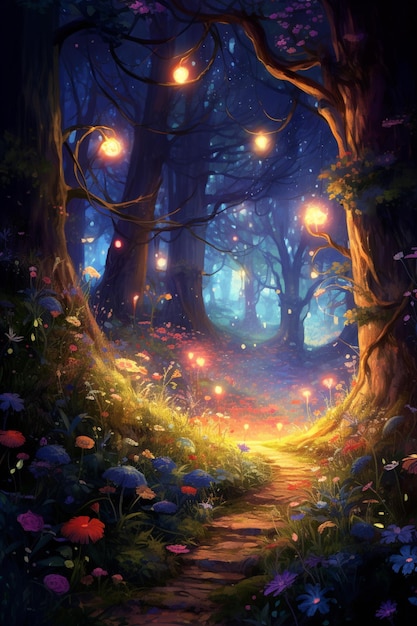 Jest ścieżka w lesie z wieloma światłami.