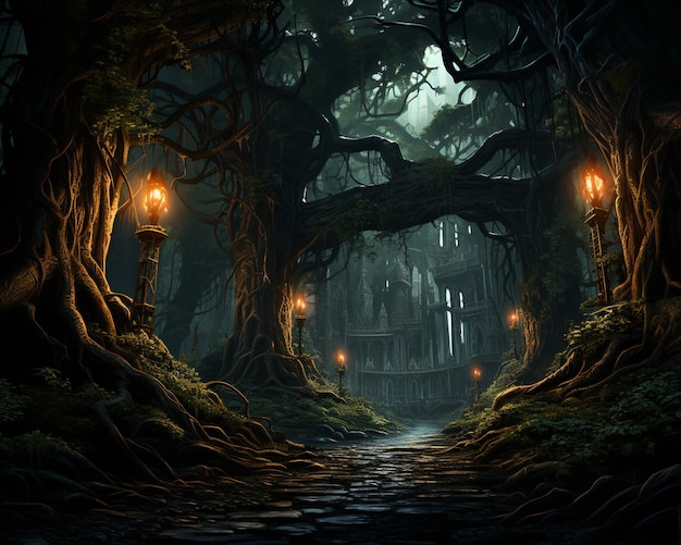 Jest ścieżka w środku lasu z zapalonymi świecami.