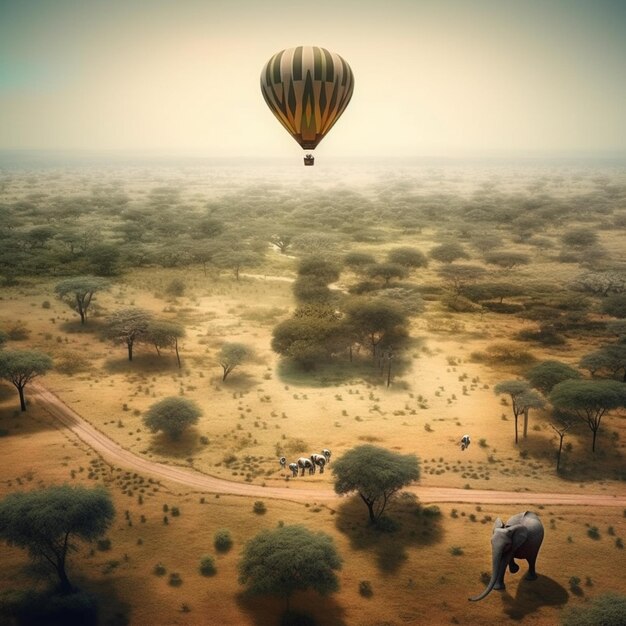 Zdjęcie jest słoń i balon na gorące powietrze latający nad polem generatywnym ai