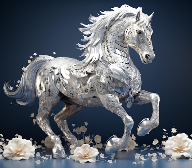 jest srebrny koń, który biegnie po śniegu generatywnym AI