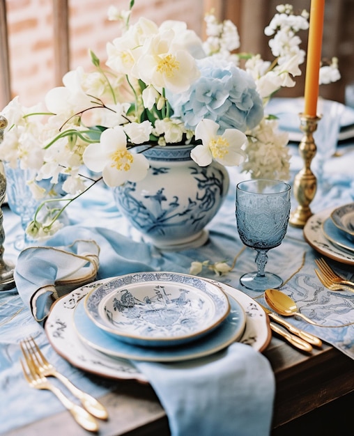 Jest stół z niebieską i białą szmatą i talerzami generatywnymi.