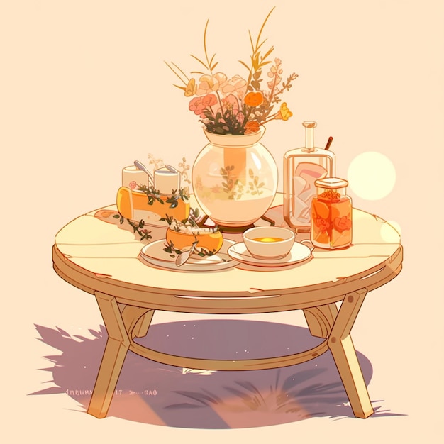Zdjęcie jest stół z wazonem z kwiatami i talerzem z jedzeniem.