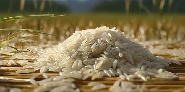 Jest stos ryżu siedzący na matce bambusowej generatywnej ai