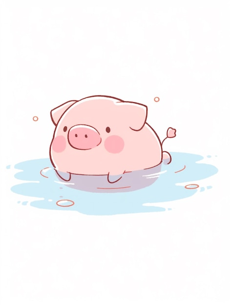 Jest świnia z kreskówki, która pływa w wodzie.