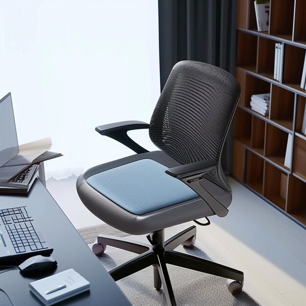 Jest tam biurko komputerowe z krzesłem i laptopem.