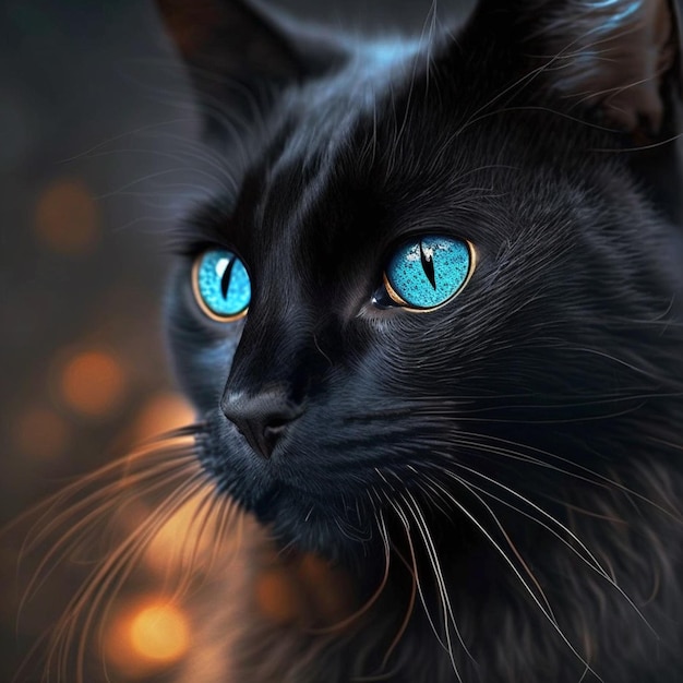 Jest tam czarny kot o niebieskich oczach wpatrujący się w coś generatywnego ai