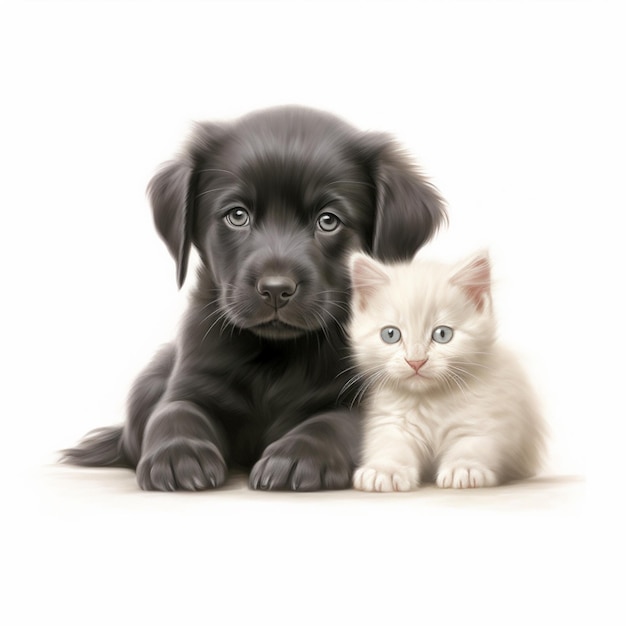 Jest tam czarny szczeniak i biały kotek leżące obok siebie w generatywnej ai