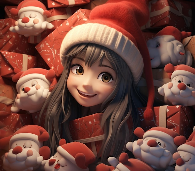 Jest tam dziewczyna, która jest otoczona wieloma świątecznymi zabawkami.