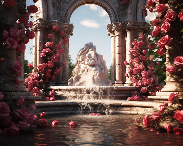 Jest tam fontanna z posągiem i kwiatami w niej generatywny ai