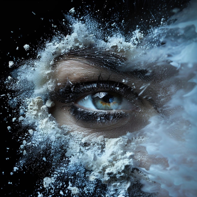 Zdjęcie jest tam kobiece oko z mnóstwem śniegu na twarzy.