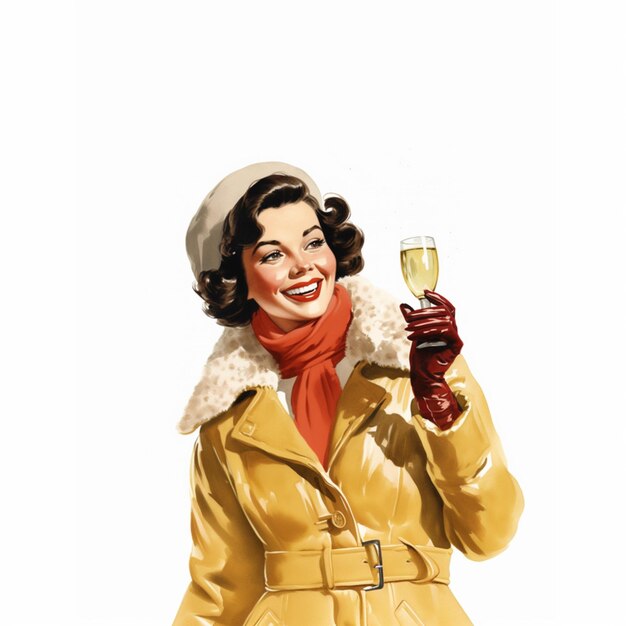 Jest tam kobieta w żółtym płaszczu trzymająca szklankę wina.