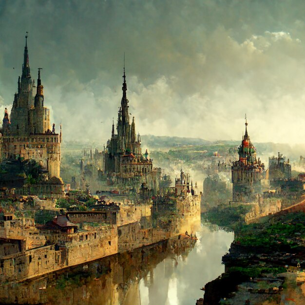 Jest tam malowidło przedstawiające zamek na wzgórzu z widokiem na generatywną rzekę ai