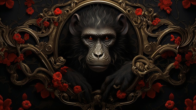 Jest tam małpa z czerwonymi oczami w ramce z kwiatami generatywnymi ai