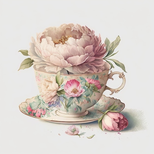 jest tam obraz przedstawiający filiżankę herbaty z kwiatem. Generatywna ai