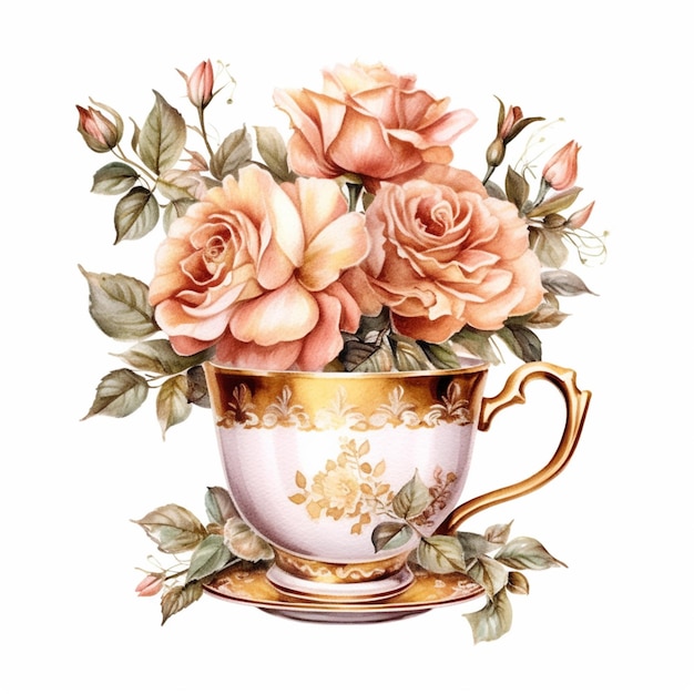 Jest tam obraz przedstawiający filiżankę herbaty z różami w generatywnym ai