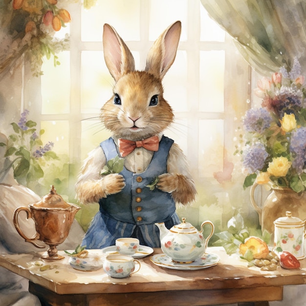 Jest tam obraz przedstawiający królika siedzącego przy stole z filiżankami do herbaty generatywną ai