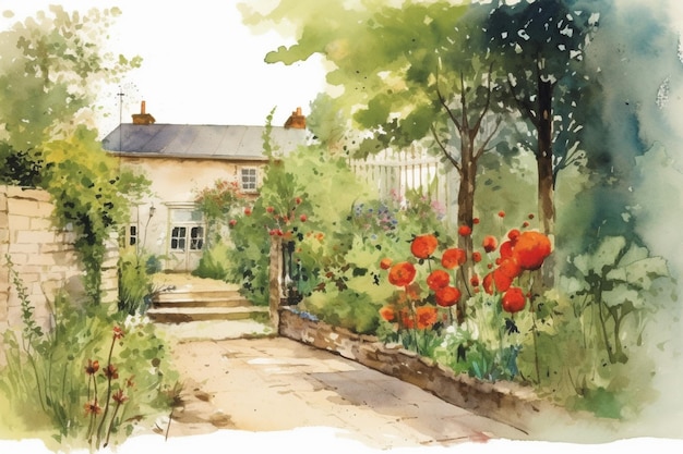 Jest tam obraz przedstawiający ogród z kwiatami i dom generatywny ai