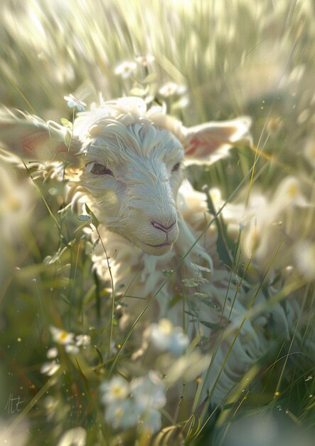 Zdjęcie jest tam owca, która leży w trawie z kwiatami generatywnymi ai