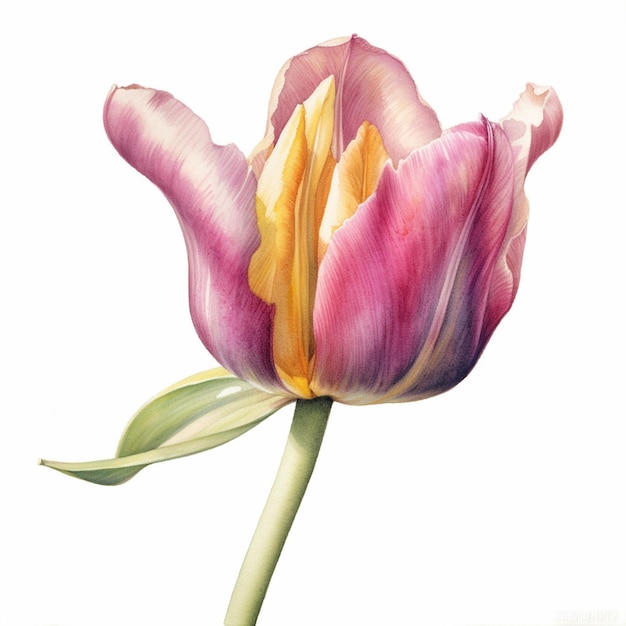 Jest tam różowy i żółty kwiat tulipana z zielonym generatywnym ai łodygi