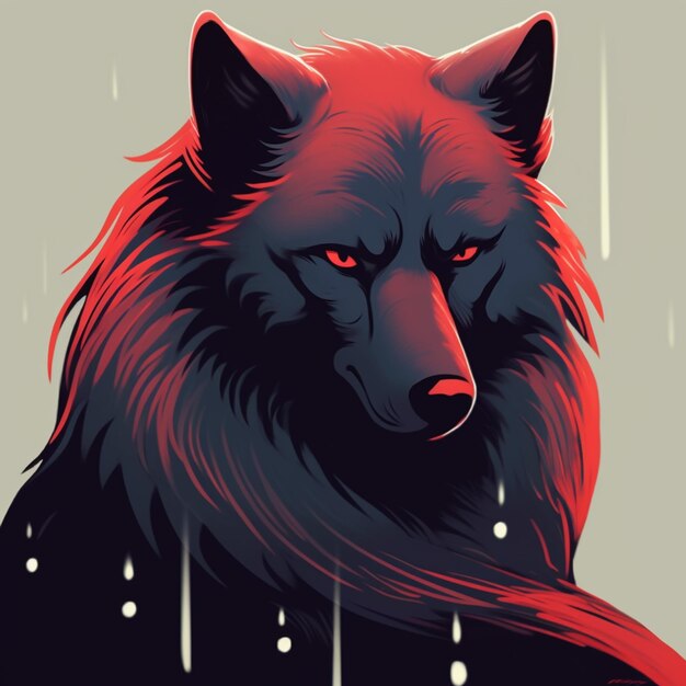Jest tam wilk z czerwonymi oczami i czarną grzywą.
