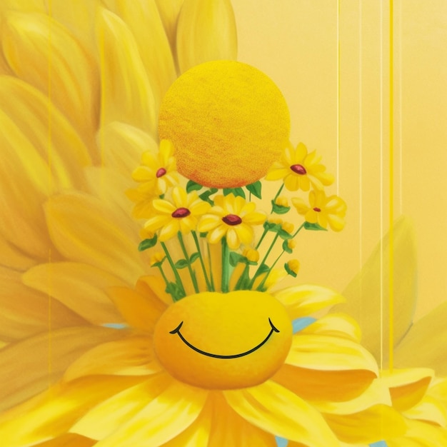 Jest tam żółty wazon z uśmiechniętą twarzą.