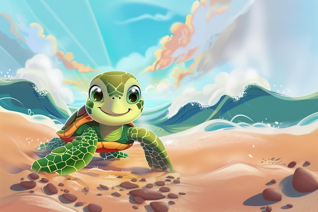 Jest tam żółw z kreskówek, który siedzi na piasku.