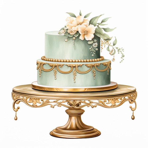 Zdjęcie jest tort na złotym stojaku z kwiatami na górze.