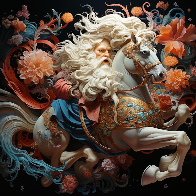 Jest tu posąg mężczyzny jeżdżącego na koniu z kwiatami.