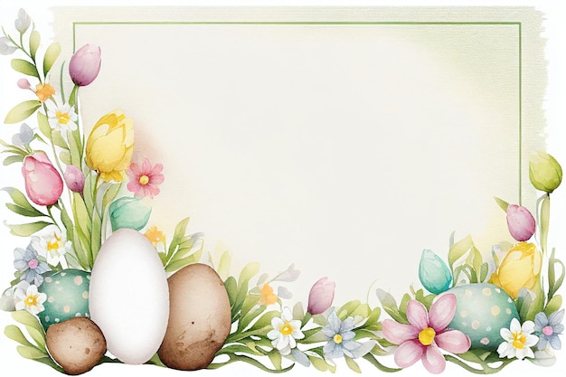 Zdjęcie jest tu zdjęcie akwarelowej karty wielkanocnej z jajkami i kwiatami.