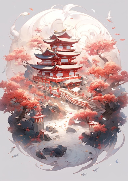 Jest tu zdjęcie czerwonej pagody otoczonej drzewami.