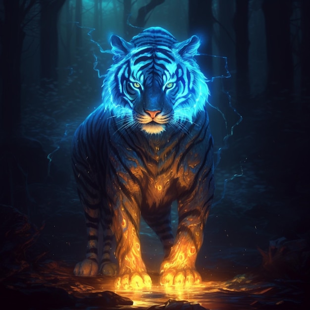 Jest tygrys, który spaceruje po lesie z jasnoniebieskim światłem generatywnym AI