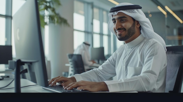 Jest uśmiechniętym młodym biznesmenem z Bliskiego Wschodu siedzącym za biurkiem w nowoczesnym biurze, piszącym na klawiaturze komputera, wysyłającym e-maile do swoich partnerów biznesowych i prowadzącym badania marketingowe.
