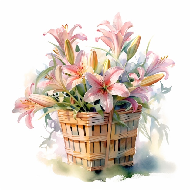 Jest w nim koszyk z różowymi kwiatami na białym tle.