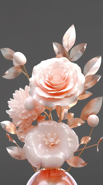 jest wazon z różowym kwiatem i kilkoma liśćmi generatywnymi ai