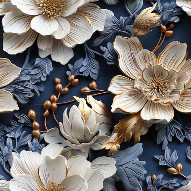 Jest wiele białych kwiatów na niebieskim tle z złotymi liśćmi.