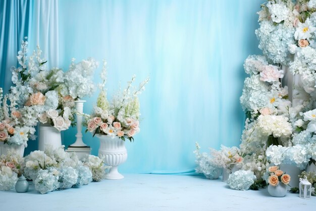 jest wiele białych wazonów z kwiatami na niebieskim tle generatywnej AI