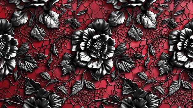 jest wiele czarnych kwiatów na czerwonym tle z czarnym koronkiem generatywnym ai