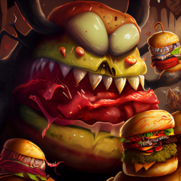Zdjęcie jest wiele hamburgerów z twarzami potworów i zębami na nich.