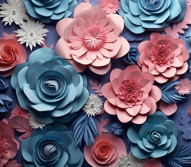 Jest wiele papierowych kwiatów ułożonych na niebieskiej powierzchni generatywnej ai
