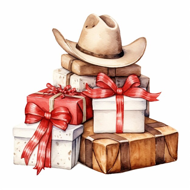 Jest wiele pudełek na prezenty z czerwonymi wstążkami i kowbojskim kapeluszem.