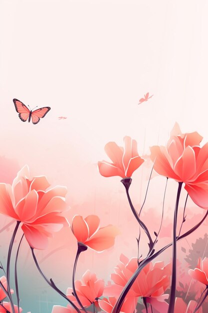 Jest wiele różowych kwiatów i motyl latający w niebie generatywny ai