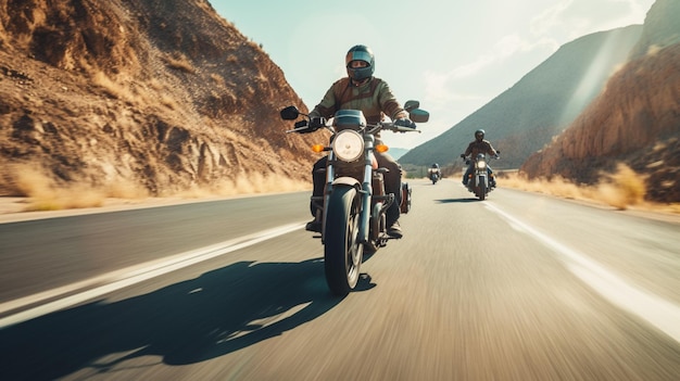 Jest wielu ludzi jeżdżących motocyklami po drodze razem generatywnej ai
