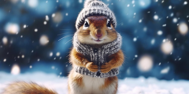 Jest wiewiórka nosząca kapelusz i szalik w śniegu generatywny ai