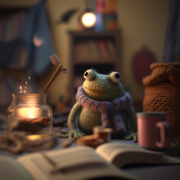 Jest żaba, która siedzi na stole z książką generatywną ai