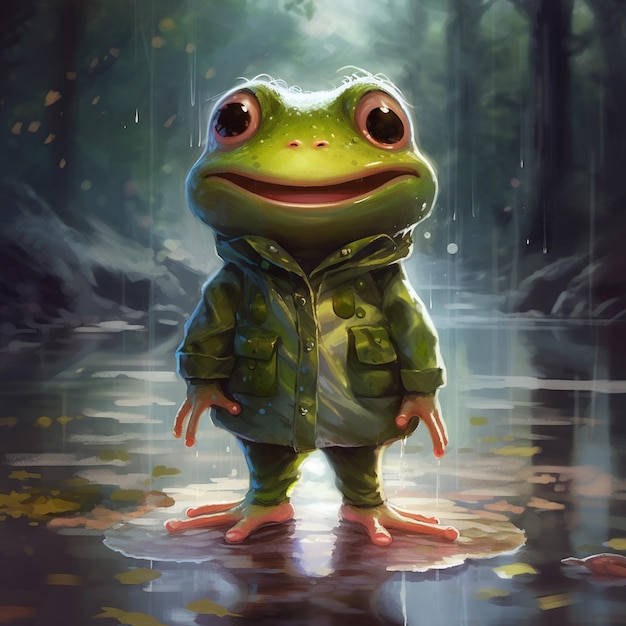 Jest żaba, która stoi w deszczu.