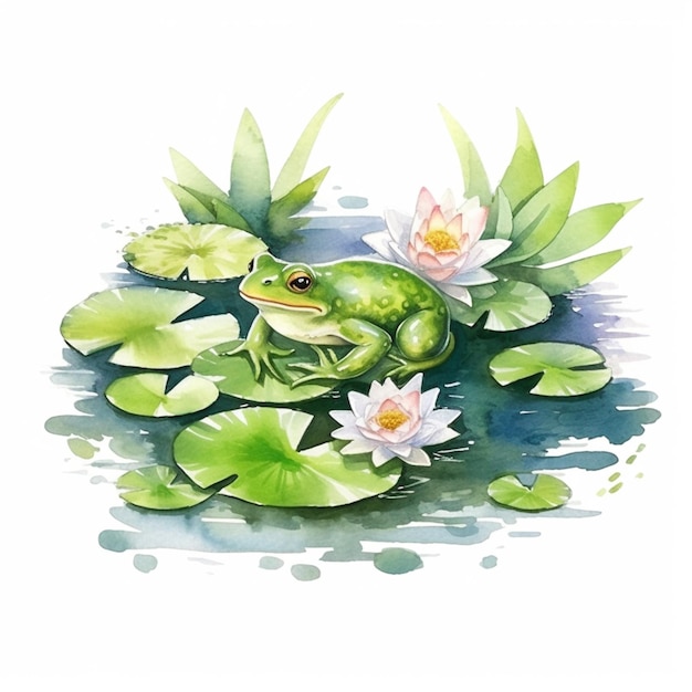 Jest żaba siedząca na liliowej podkładce z liliami wodnymi.